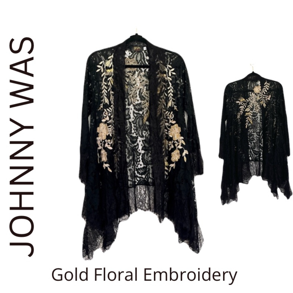 NWOT JOHNNY WAS BIYA Black Lace Kimono with Gold Floral Embroidery S